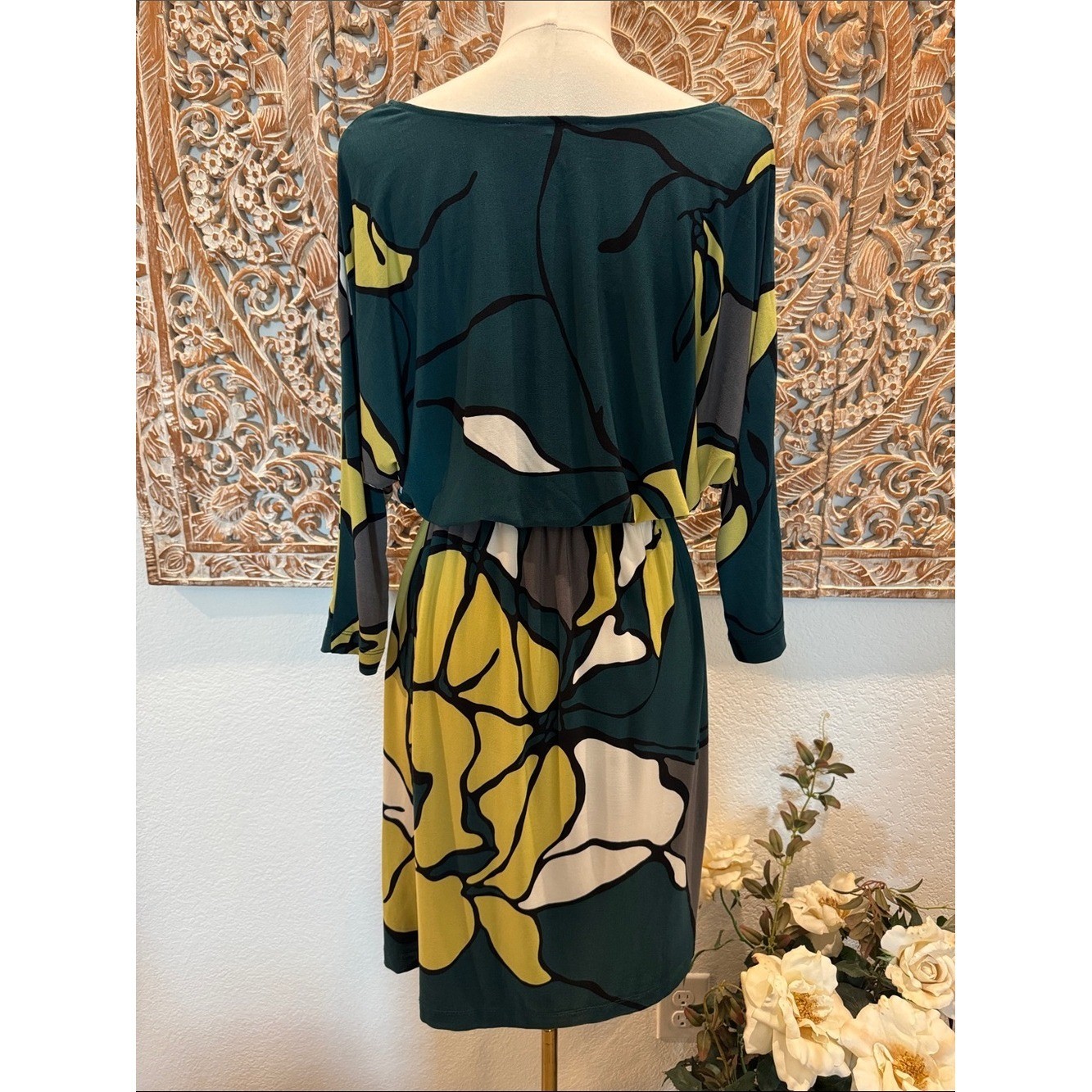 Max & Cleo Jersey Stretch Midi Dress Abstract Green Floral- size S