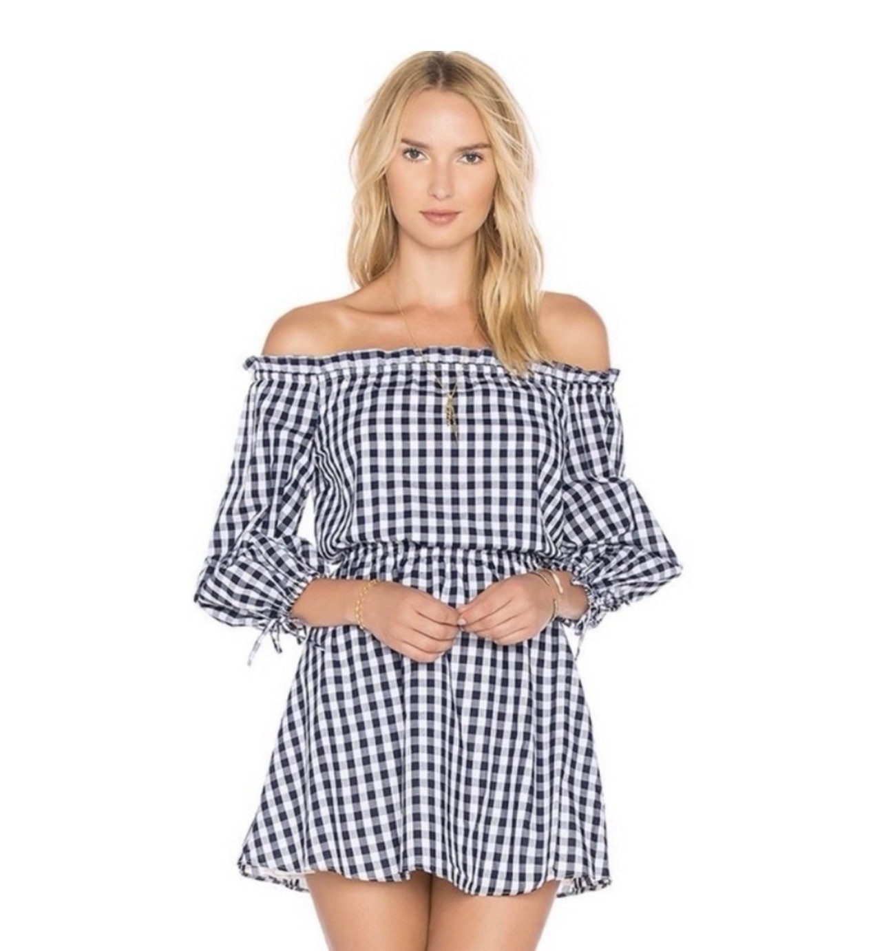 Lovers + Friends Blue White Gingham Smocked Off Shoulder Puff Sleeve Mini S