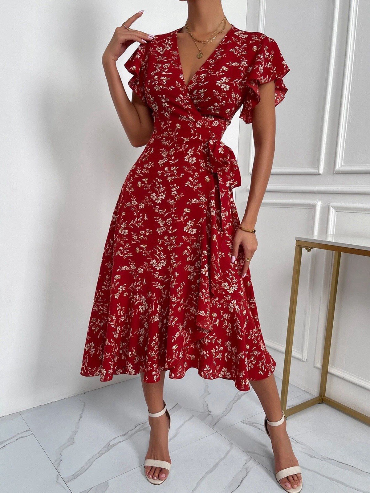Women’s Floral Midi V-Neck Ruffle Short Sleeve Dress Sz L