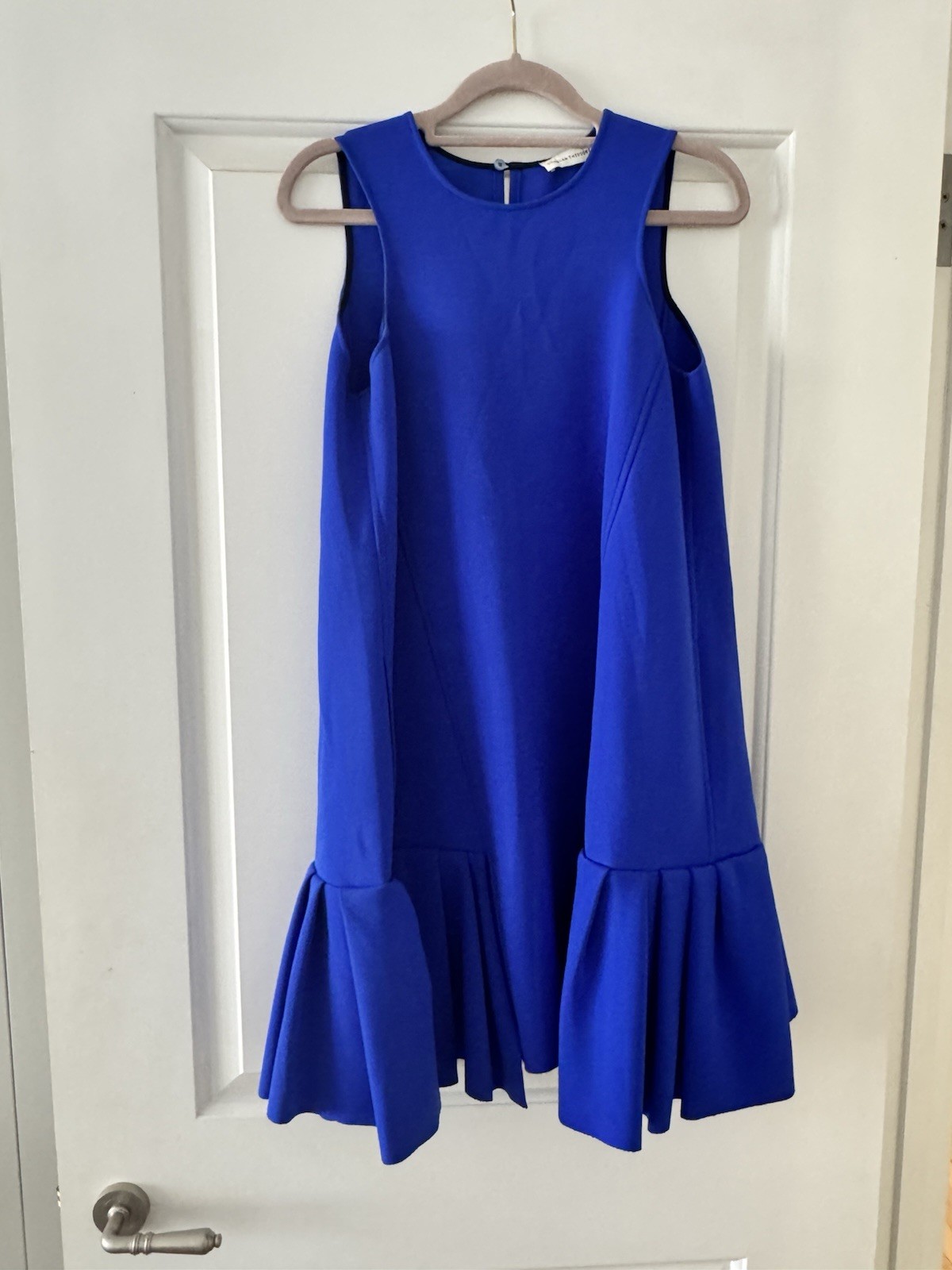 Scanlan Theodore Blue Sleeveless Shift Dress Round Neck Ruffle Hem Size S/M