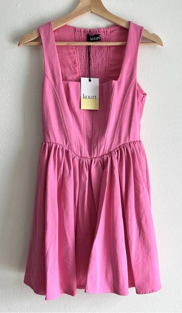 Kourt Pink Denim Corset Pleated Lele Babydoll Fit Flare Mini Dress Size Med NWT