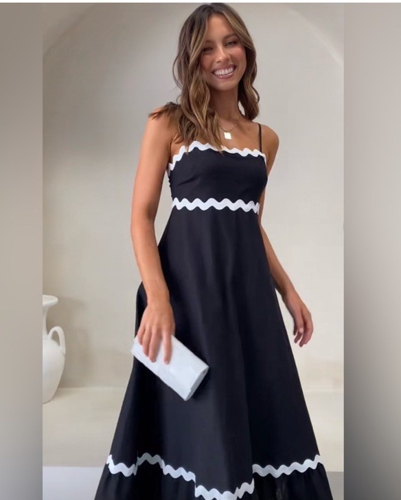 Billy J Boutique Brodey Midi Dress Black White Strappy Layered Ruffle Size 6