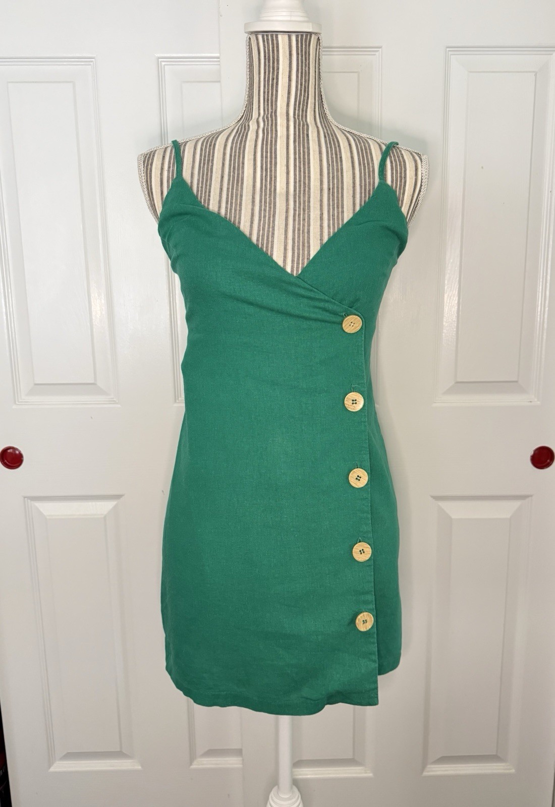 Lulus Green Linen Blend Wrap Mini Dress XS Button Front Spaghetti Strap