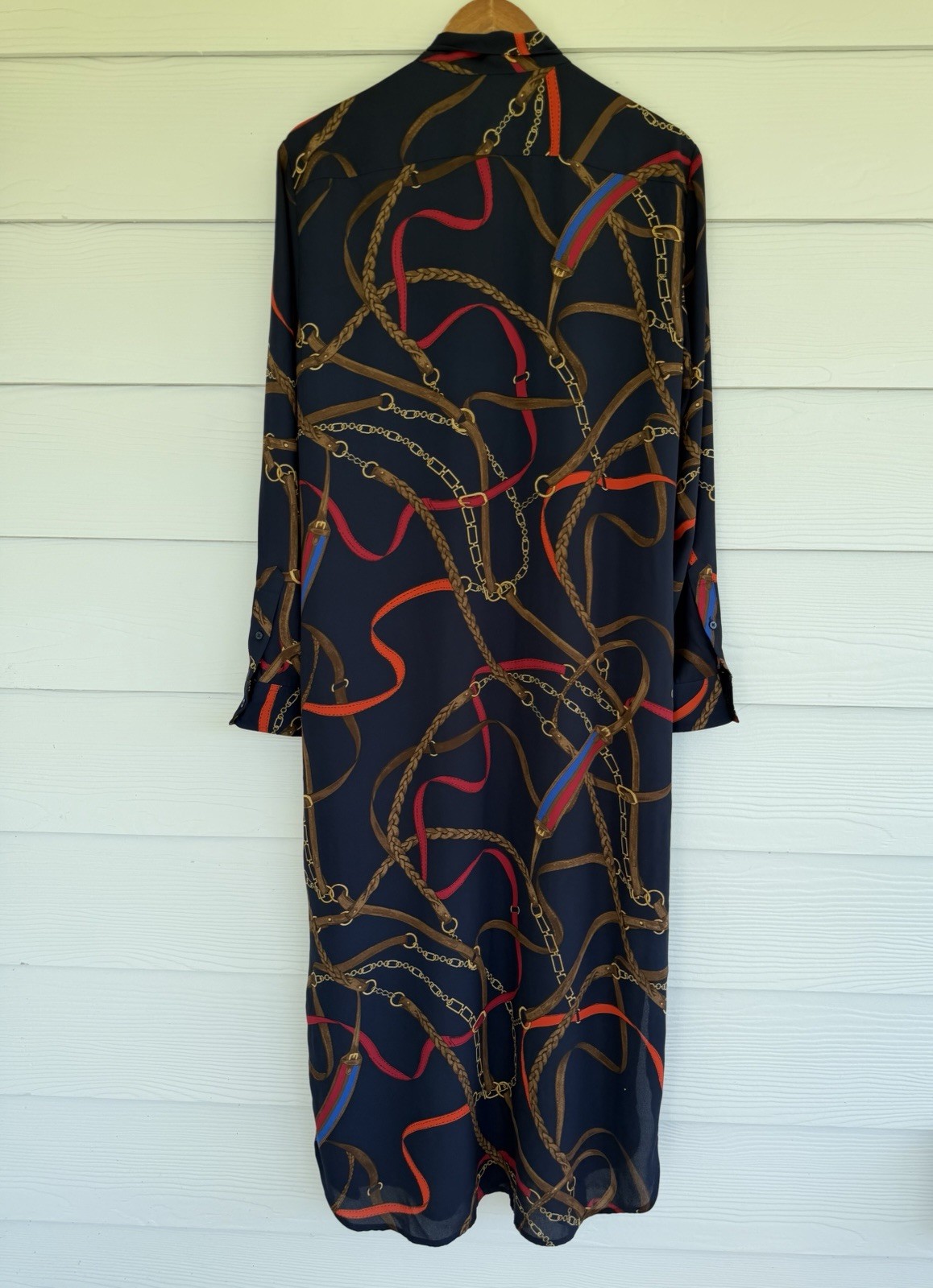 Ralph Lauren Georgette Equestrian Chain Print Tie Neck Midi Dress Navy 14 NWT