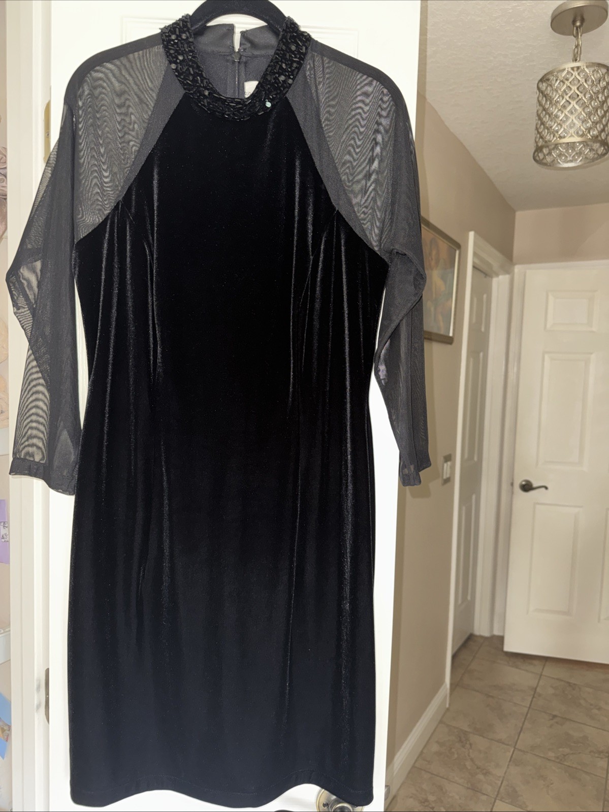 J. R. Nites by Caliendo Stretch Velvet Mesh Sleeves, High Collar Dress Size 12