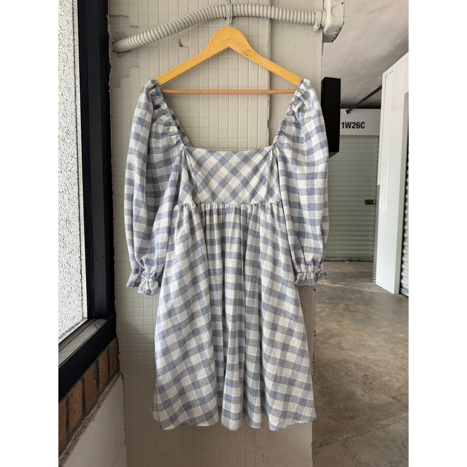 Storia Blue Gingham Puff Sleeve Babydoll Mini Dress Square Neck JD2443A Medium