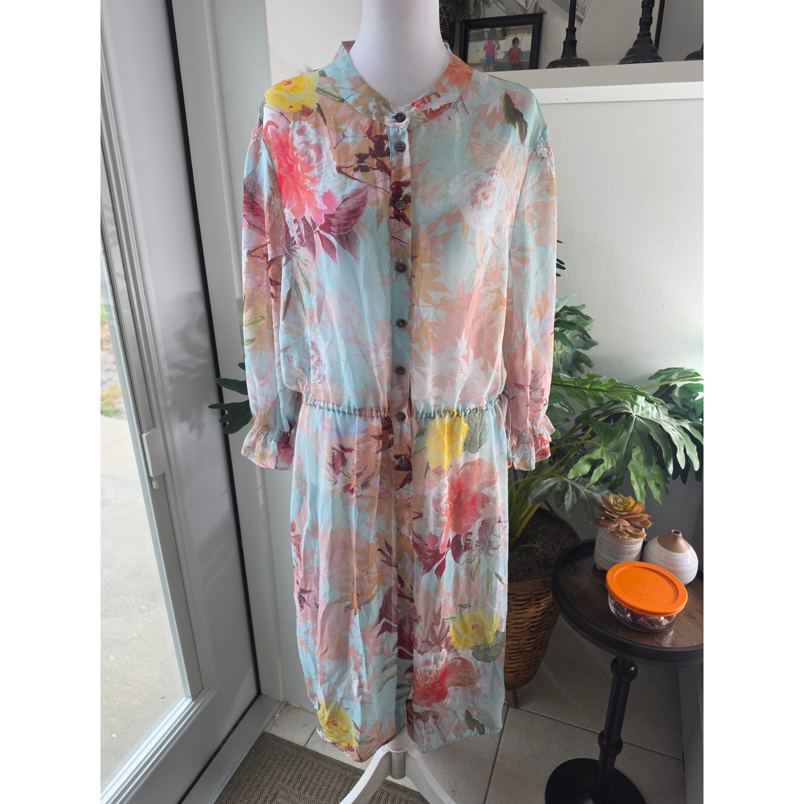 Vince Camuto Floral Button Front Midi Dress Blue XL Drawstring Waist Side Slits