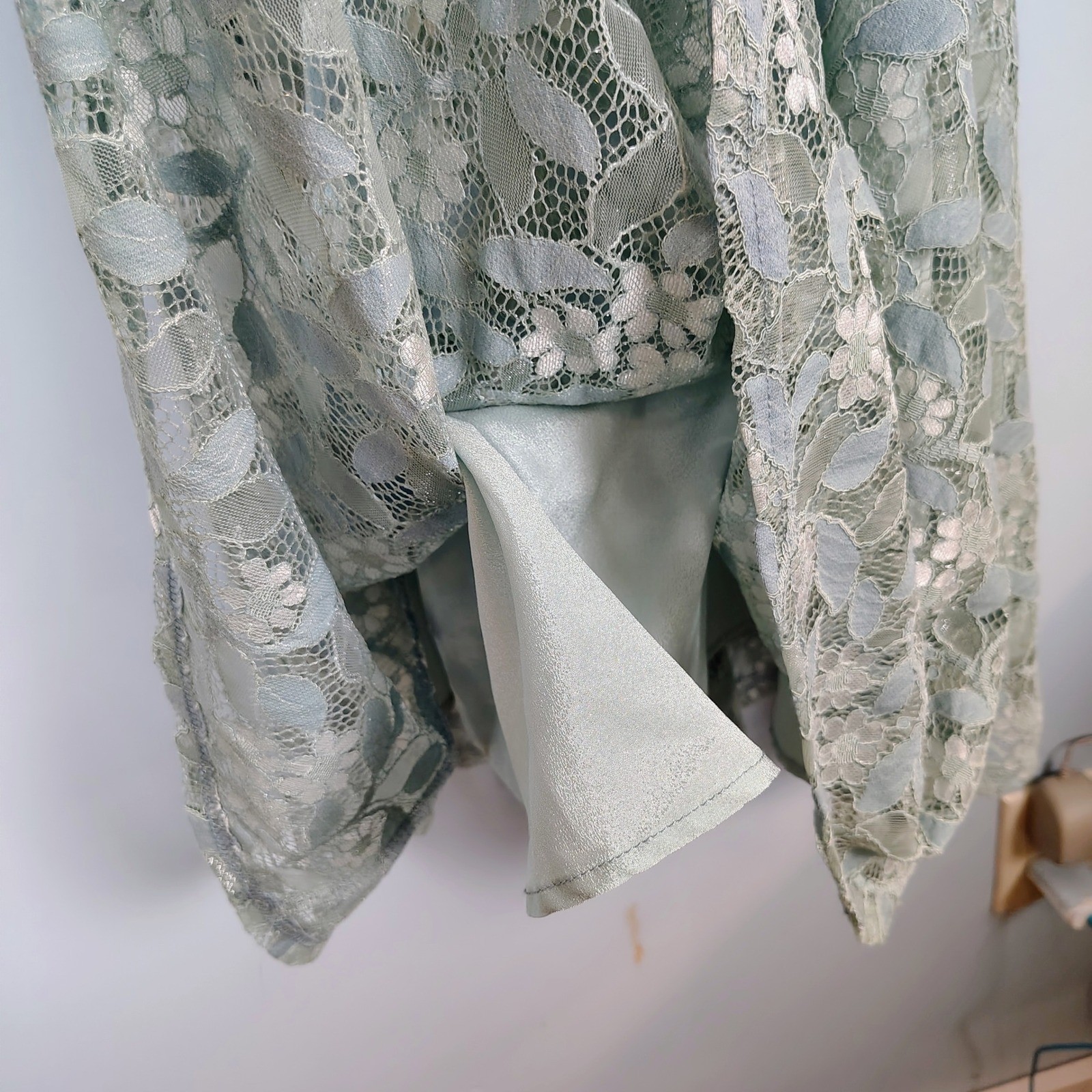 Sage Green Floral Lace Ruffle Cold Shoulder Fit and Flare Dress Med peasent