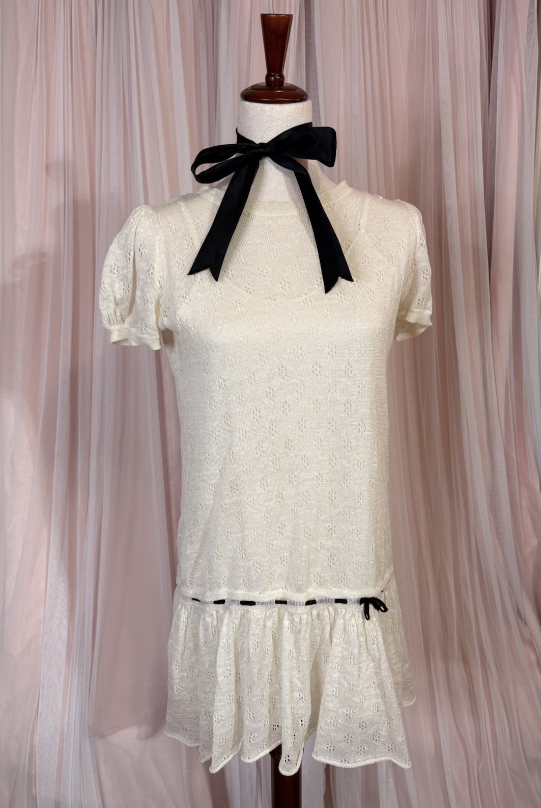 RED VALENTINO White Black Knit Puff Sleeve Shift Mini Dress S