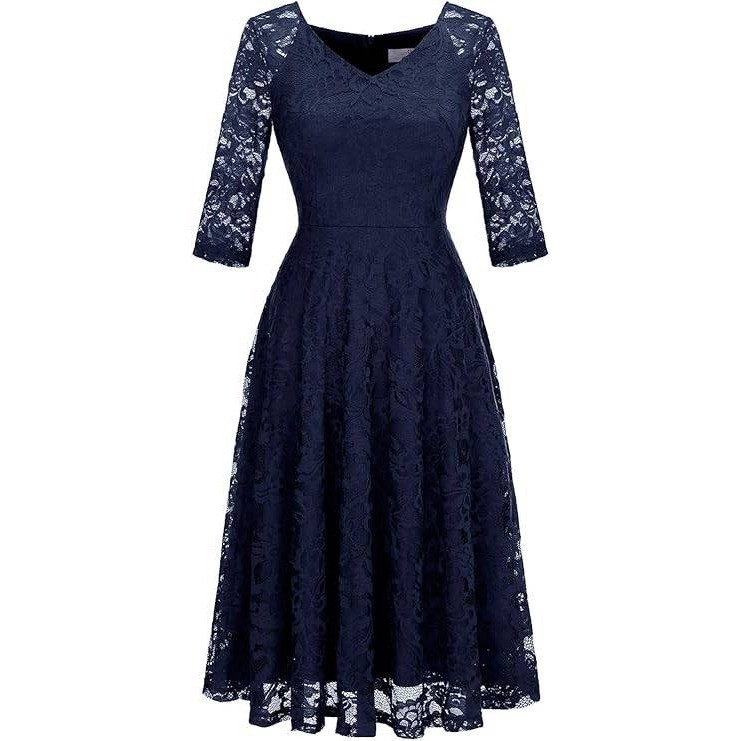 Dressystar Navy Blue Lace V-Neck 3/4 Sleeve Fit & Flare Cocktail Midi Dress S