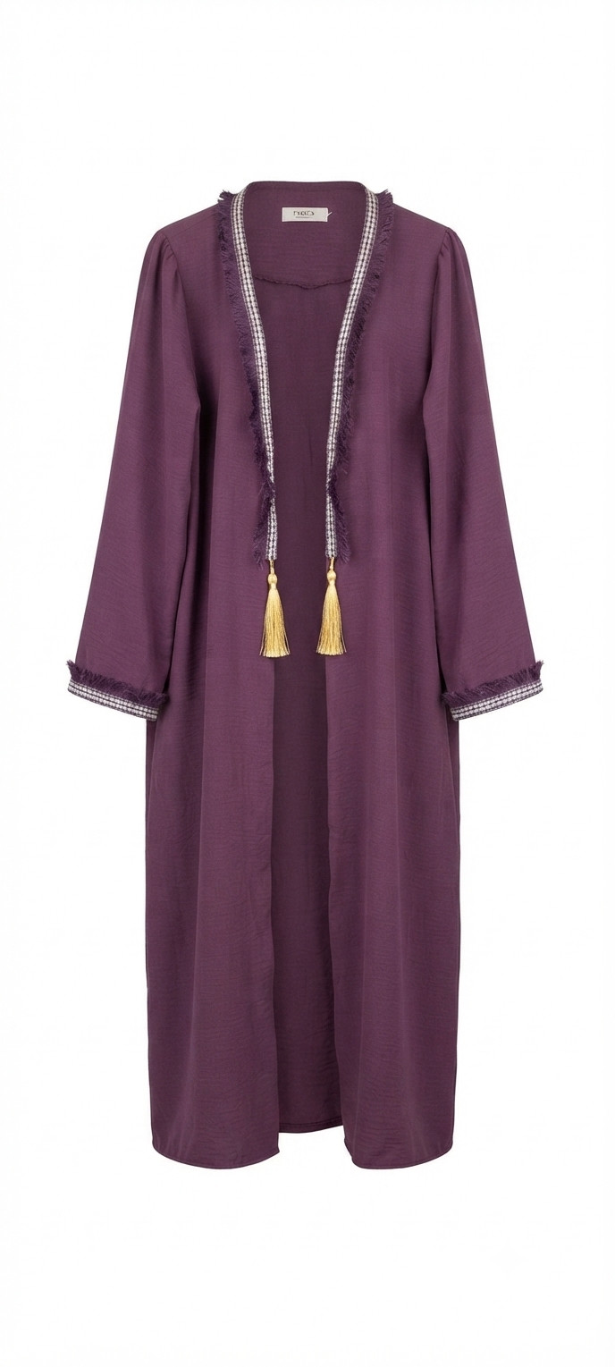 Elegant Women’s Purple Open Abaya/Cardigan with Gold Tassels – Boho Style Lightw