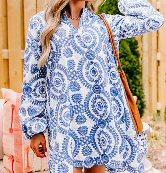 Blue Boho Floral Embroidered Notch V Neck Shift Mini Dress Size Large 10-12