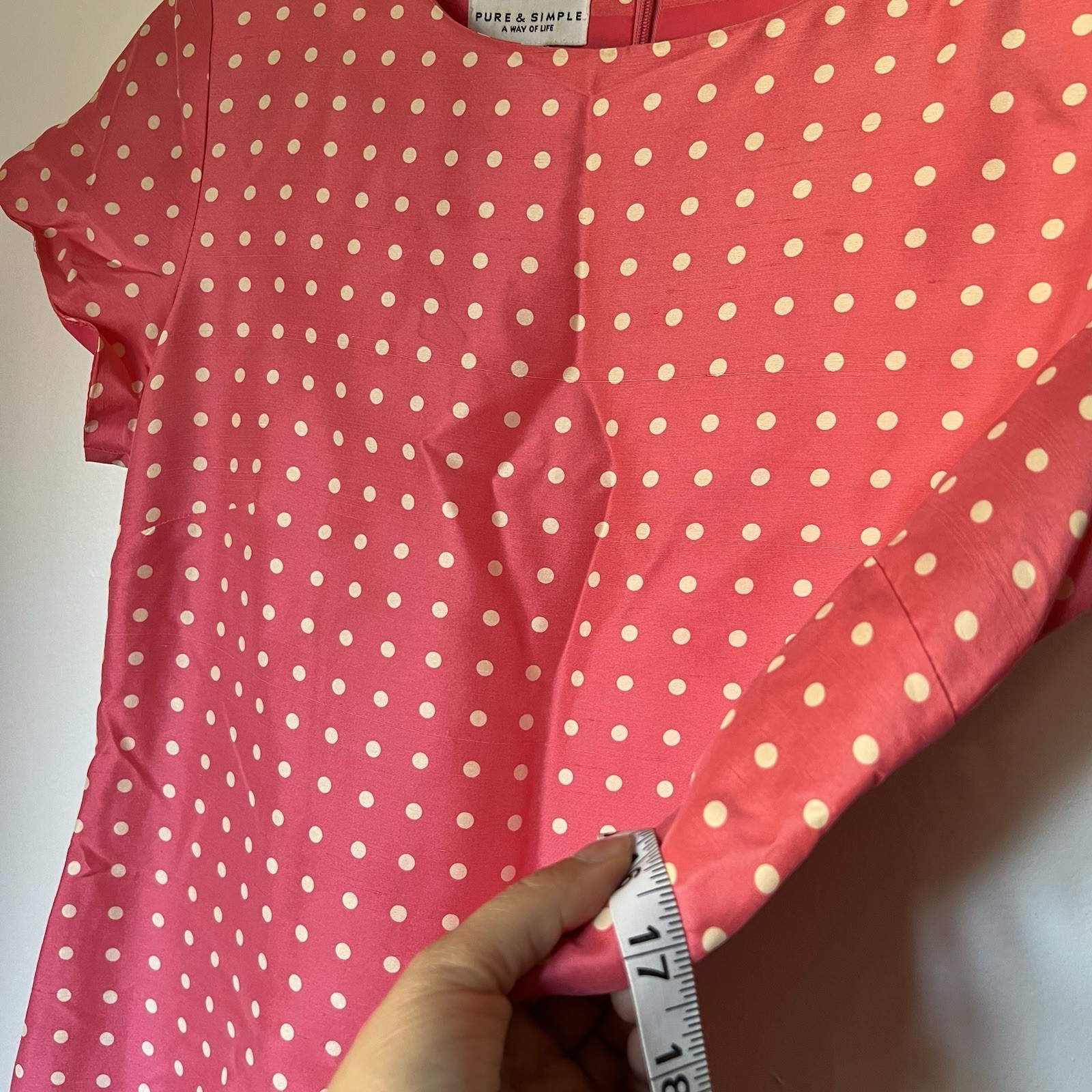 Pure & Simple 100% Silk Pink White Polka Dot Ruffle Hem Short Sleeve Dress Sz 8