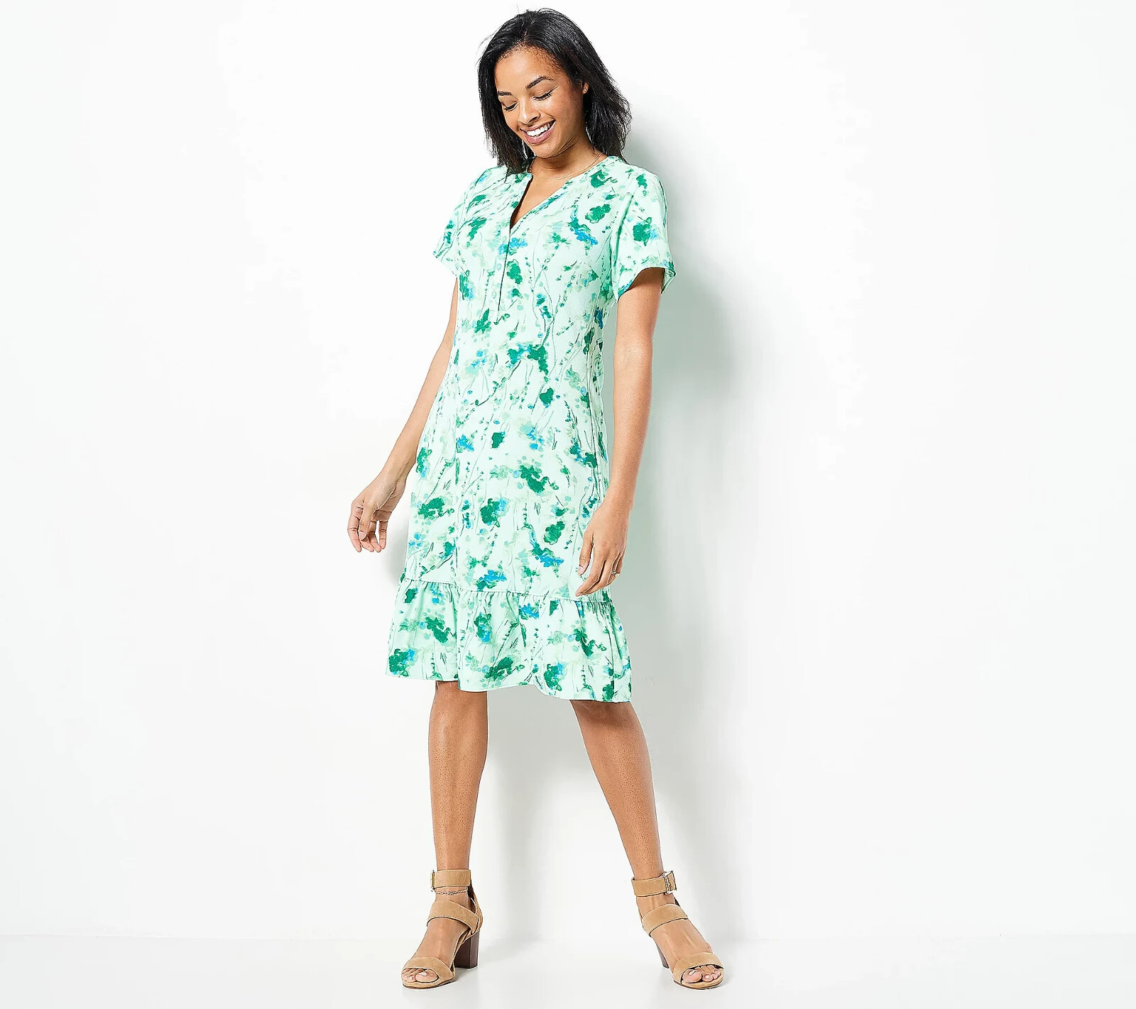 Isaac Mizrahi Live! Printed Pebble Knit Dress Blue XS Green A499625 NEW
