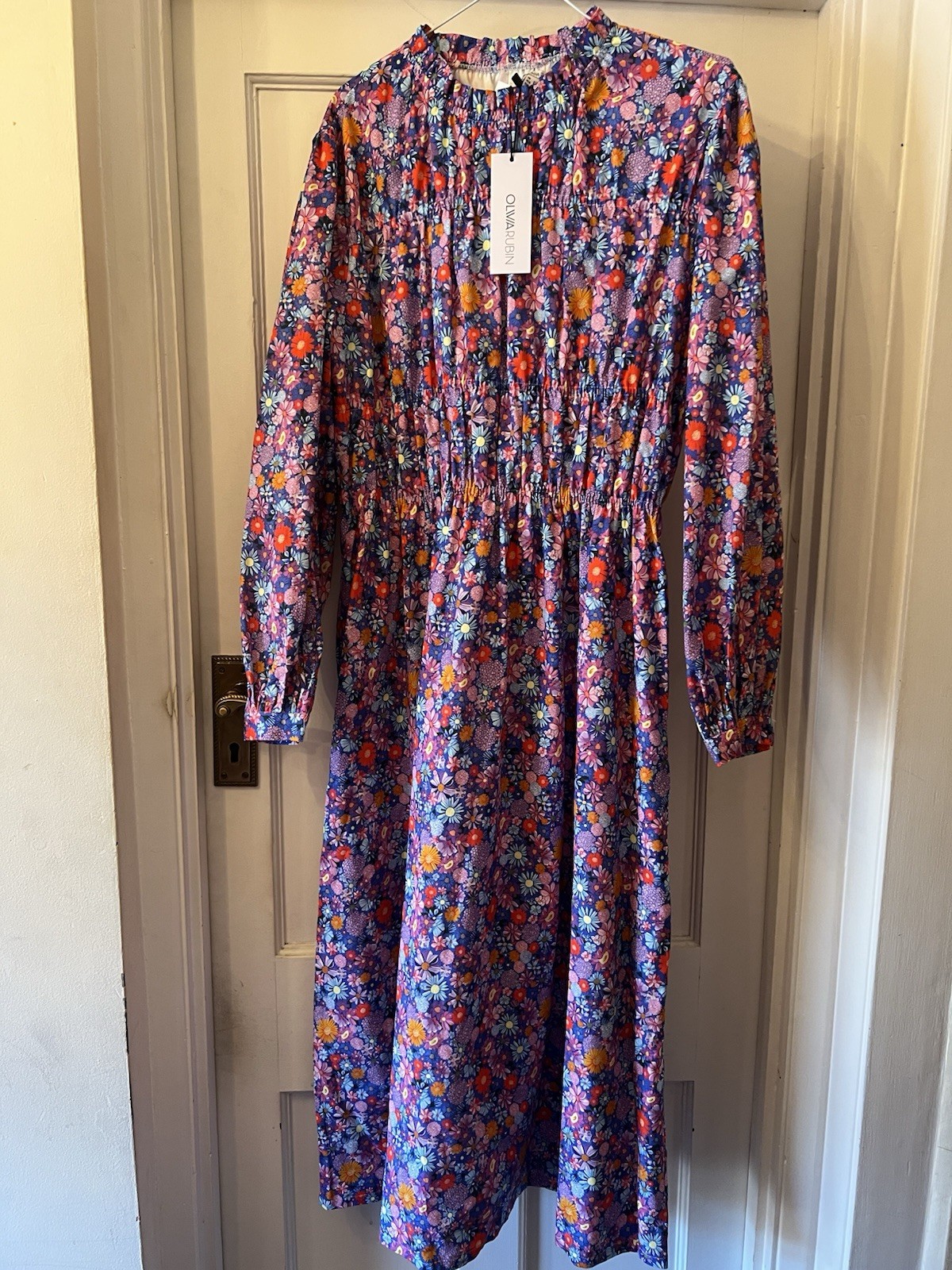New Olivia Rubin Tammy Blue Mini Floral Cotton Midi Dress,UK 12