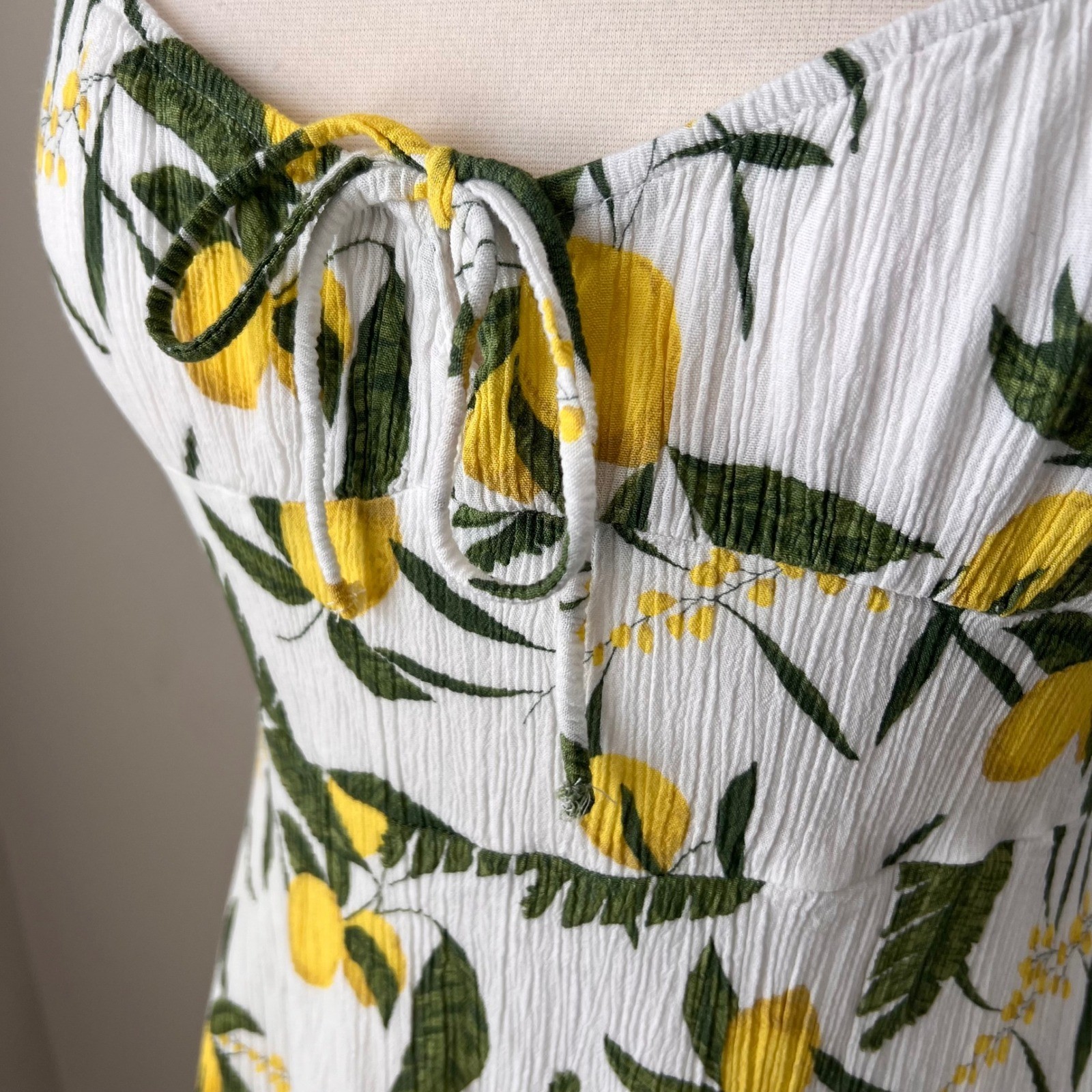 Pull&Bear Lemon Print Sweetheart Mini Dress White Yellow Green XL 9390/316/250