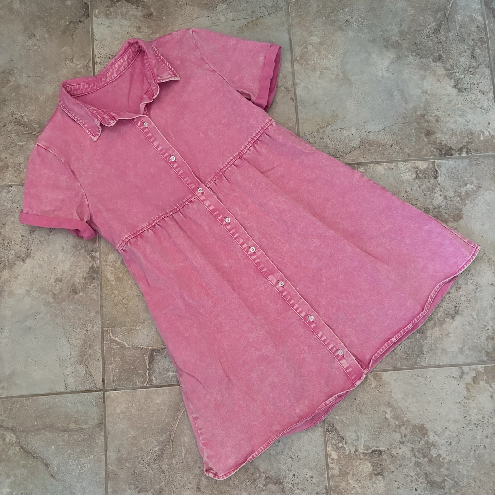 Button Up Pink Denim Tiered Dress Medium Babydoll Collared Distressed Barbie 90s