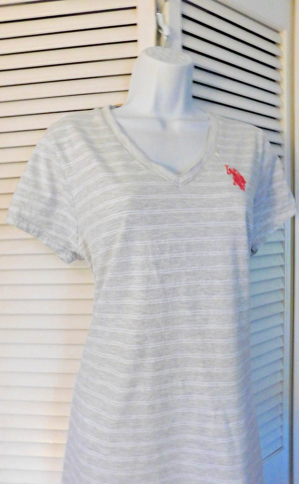 US Polo Assn Size L Grey Stripe Womens Stetch Cotton Knit Logo Slimming Dress