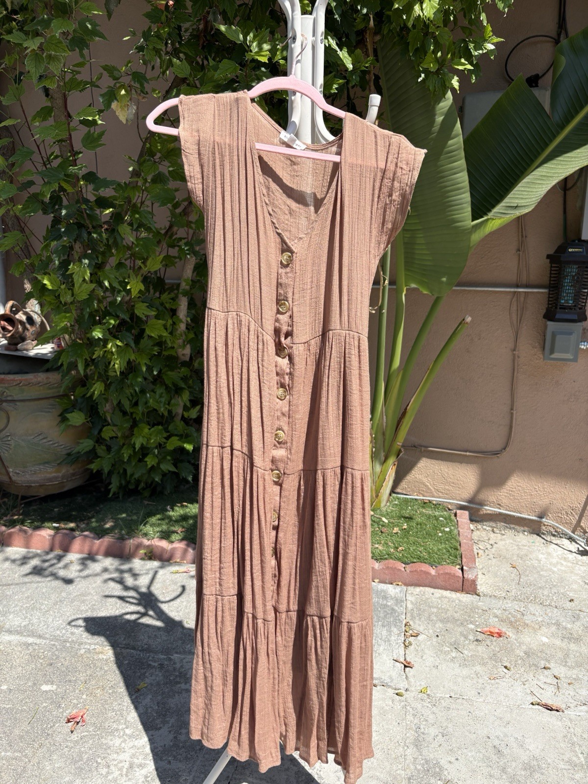 Blu Pepper Brown Solid Sleeveless Sundress Round Neck Button Tiered Midi M