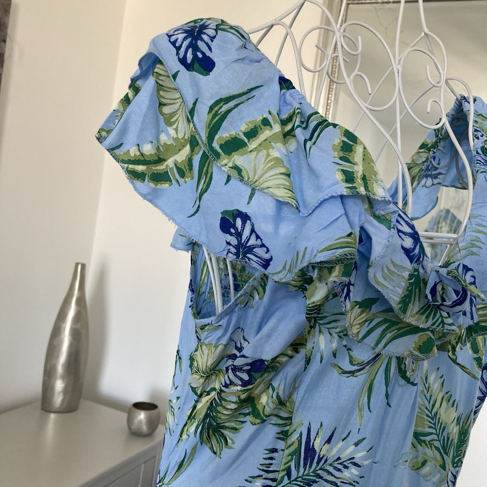 Blue Leaf Print Ruffle Scoop Neck Sleeveless Open Back Tiered Maxi Dress L 10-12