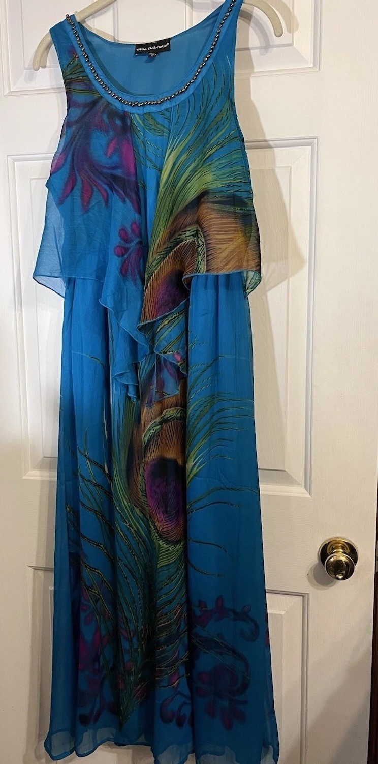 Women’s Blue Peacock Feather Print Chiffon Maxi Dress Beaded Layered Sz L
