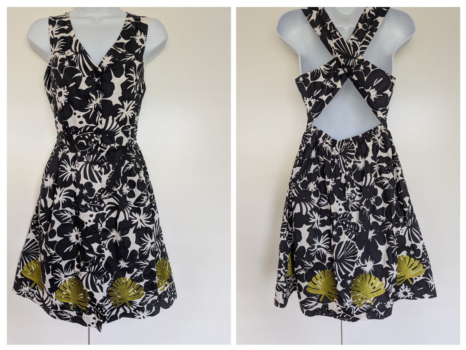 Anthropologie Whit Two Floral pockets Cross Back Dress Tiki dress palm leaves 2P