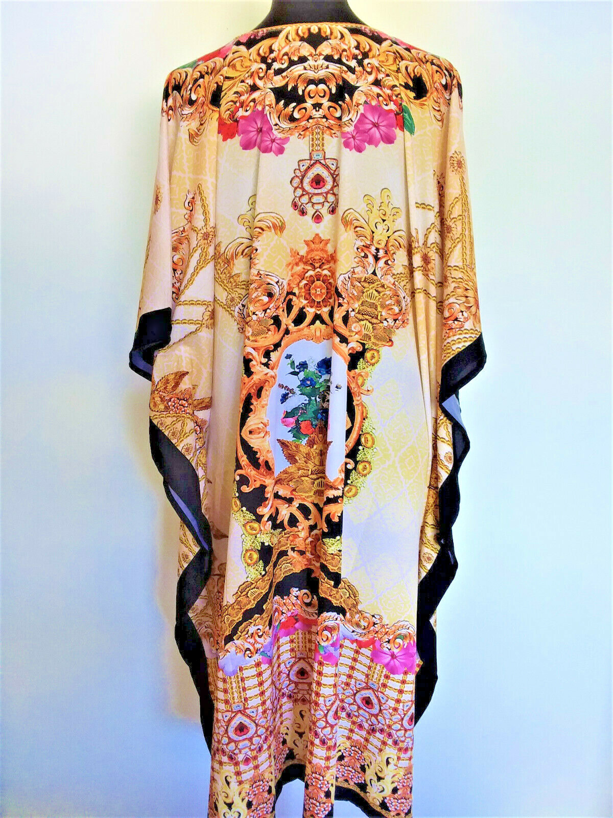 EMBELLISHED DIGITAL MULTI COLOURED ROCOCO PRINT V NECK CREPE KAFTAN/DRESS KC32