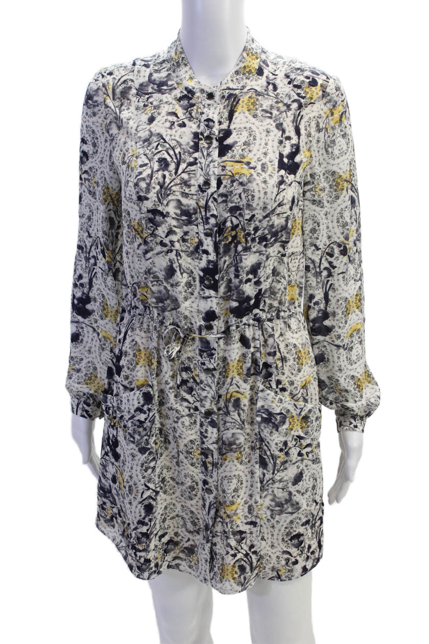 Haute Hippie Womens Long Sleeve Crew Neck Floral Silk Dress White Navy Small
