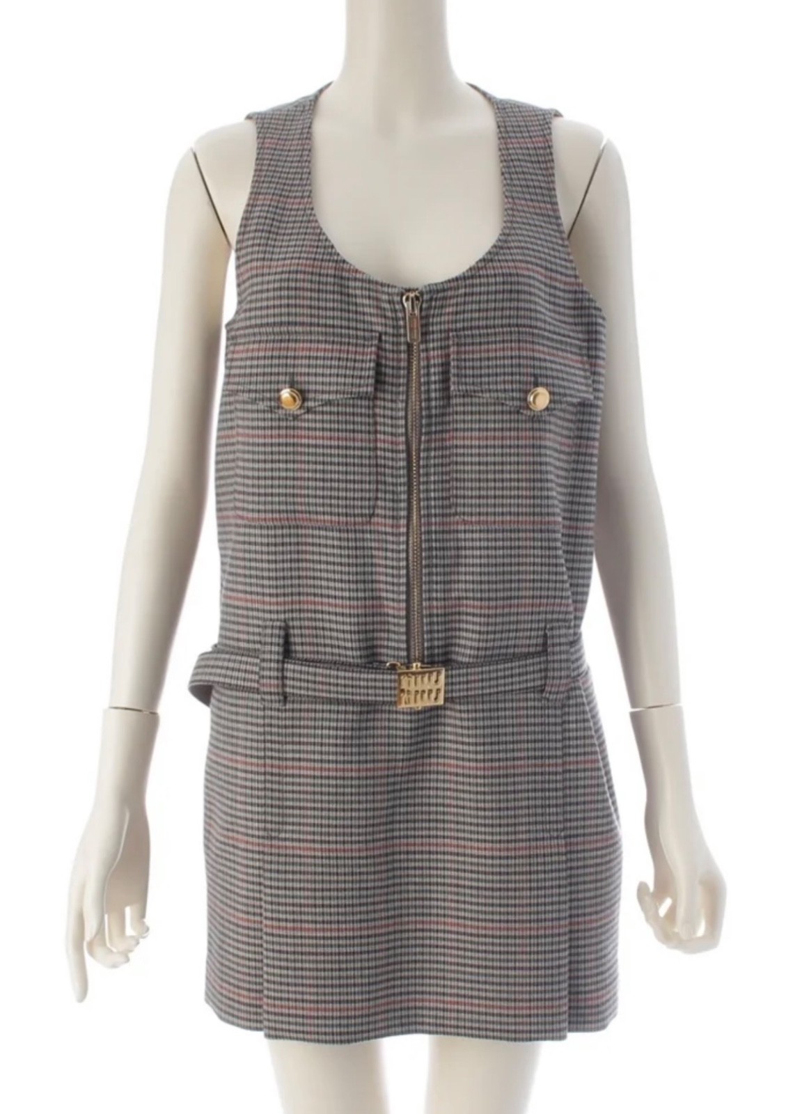 Miu Miu Grey Burgundy Mini Dress Belted Zip Vest Pleated Skirt Sleeveless S XS 6