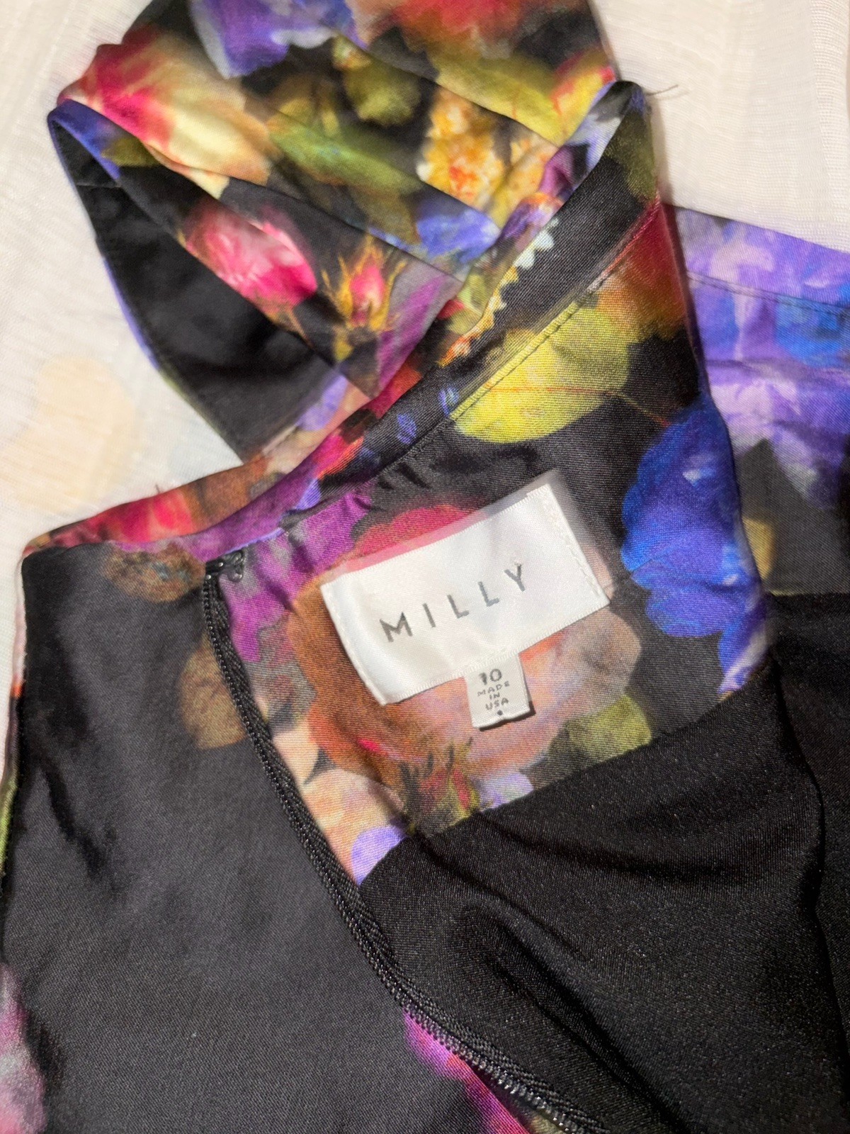MILLY NY Satin Vibrant Watercolor Black Floral Dress Women’s Size 10 Sweatheart