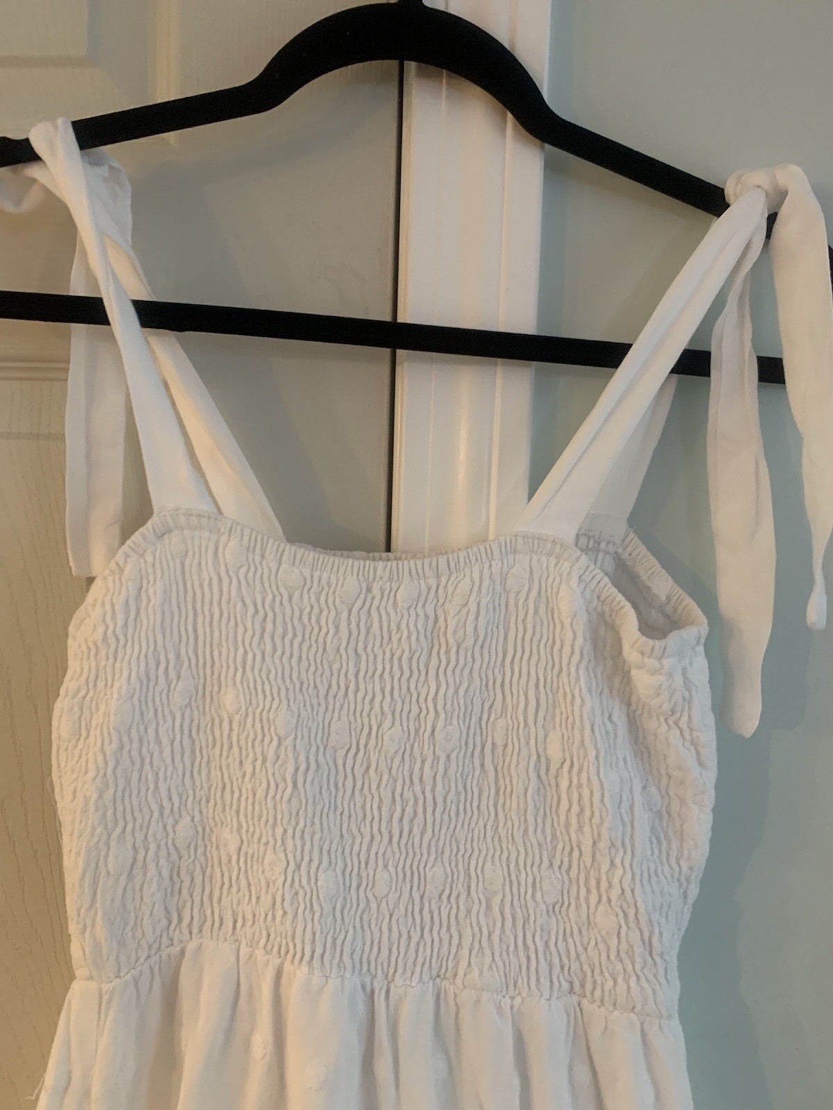 White summer long cotton eyelet dress tie sleeveless scalloped design edge Sm