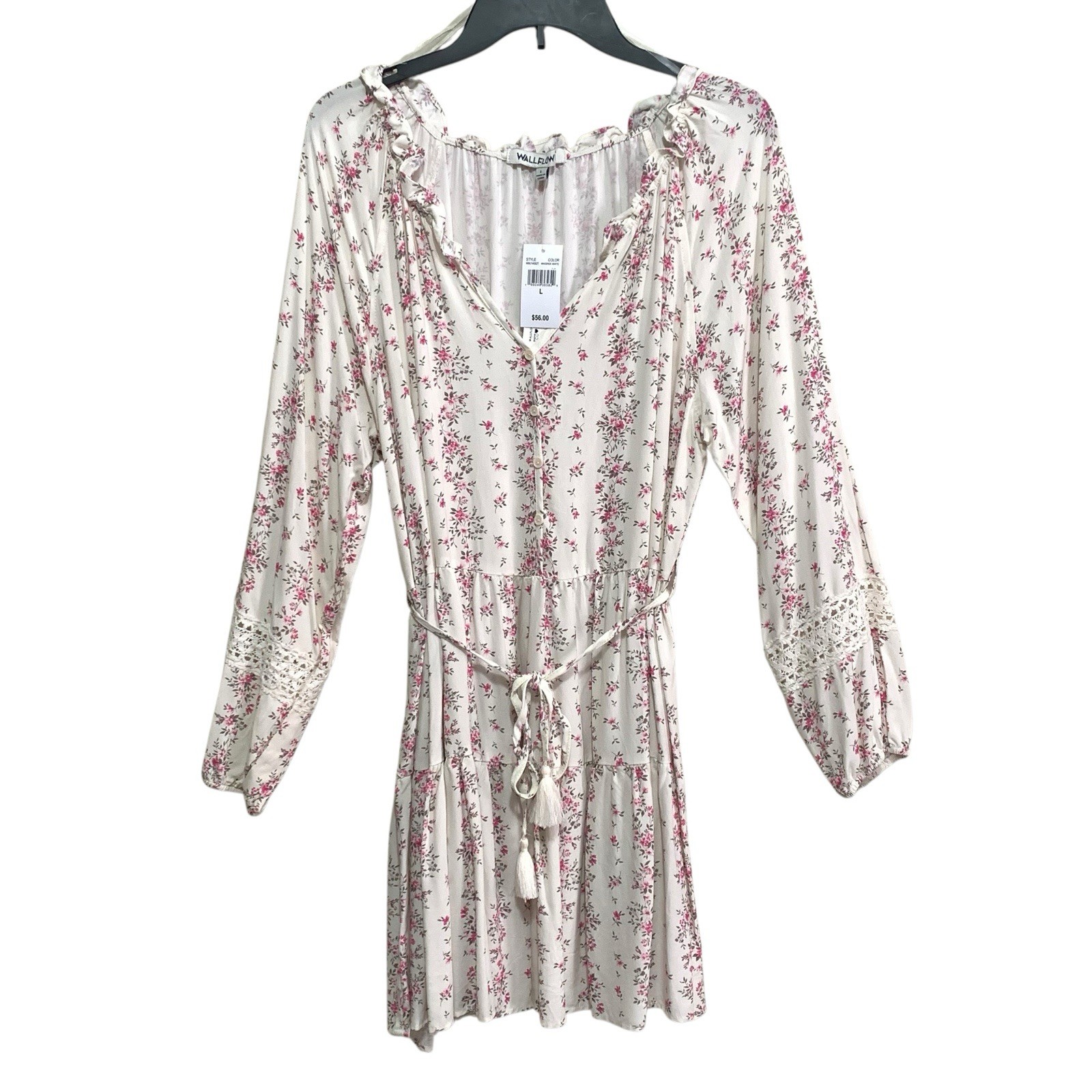 Wallflower Dress Junior Womens Size Large Off-White Floral Elastic / Tie Waist