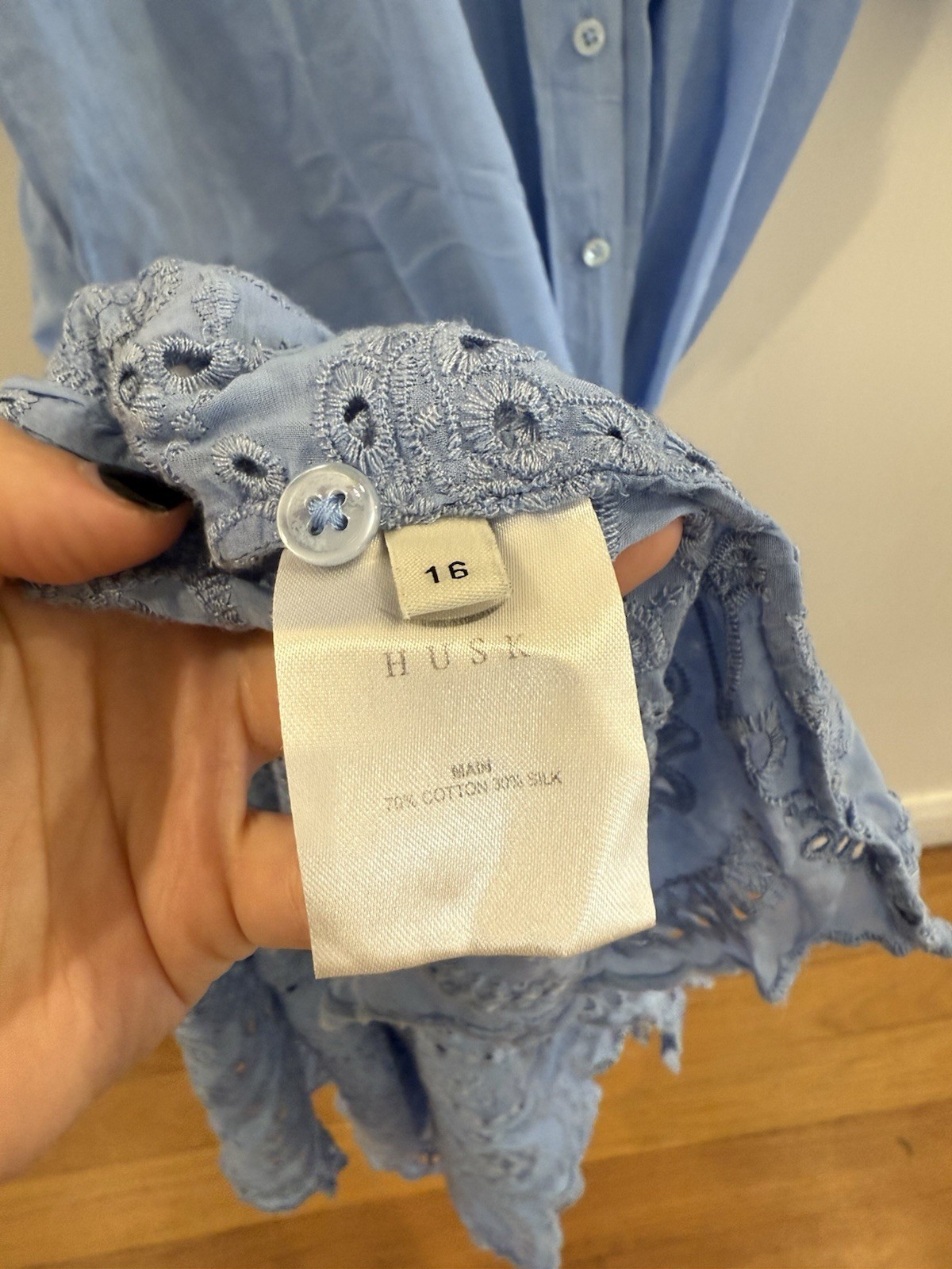 Husk Baby Blue Button Up Smock Dress With Eyelet Ballon Sleeves And Hem Size 16