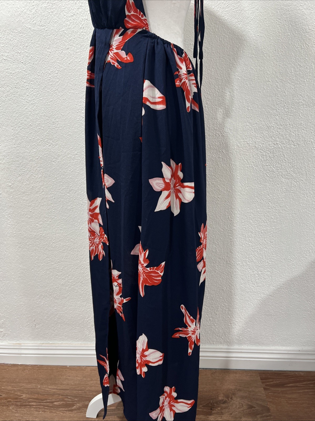 Simplee Floral Maxi Dress Large Navy Orange V-Neck Halter Mock Wrap High Slit