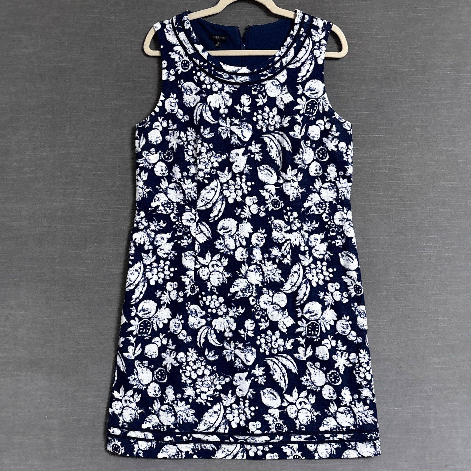 Talbots Dress 14P Petite Navy Blue Fruit Cotton Textured Sheath Shift