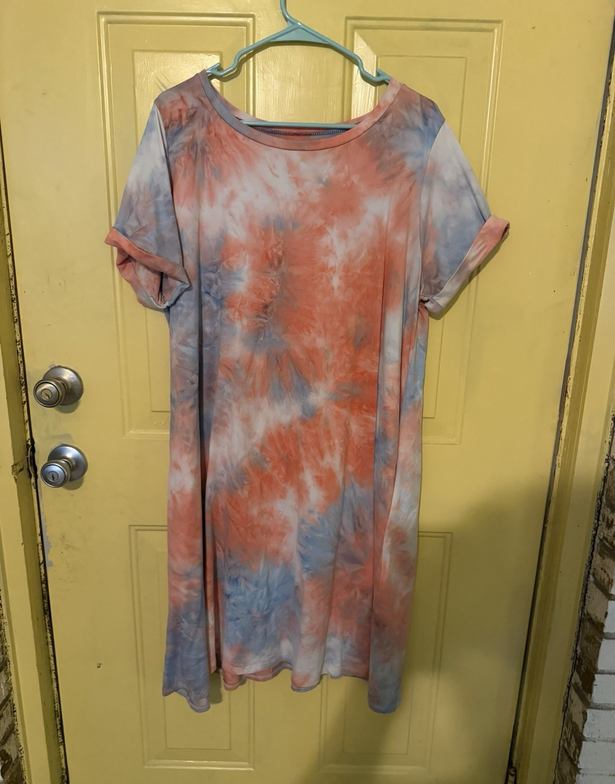Women’s Pink/Blue/White Tie Dye Scoop Neck Short Sleeve Knee Dress L