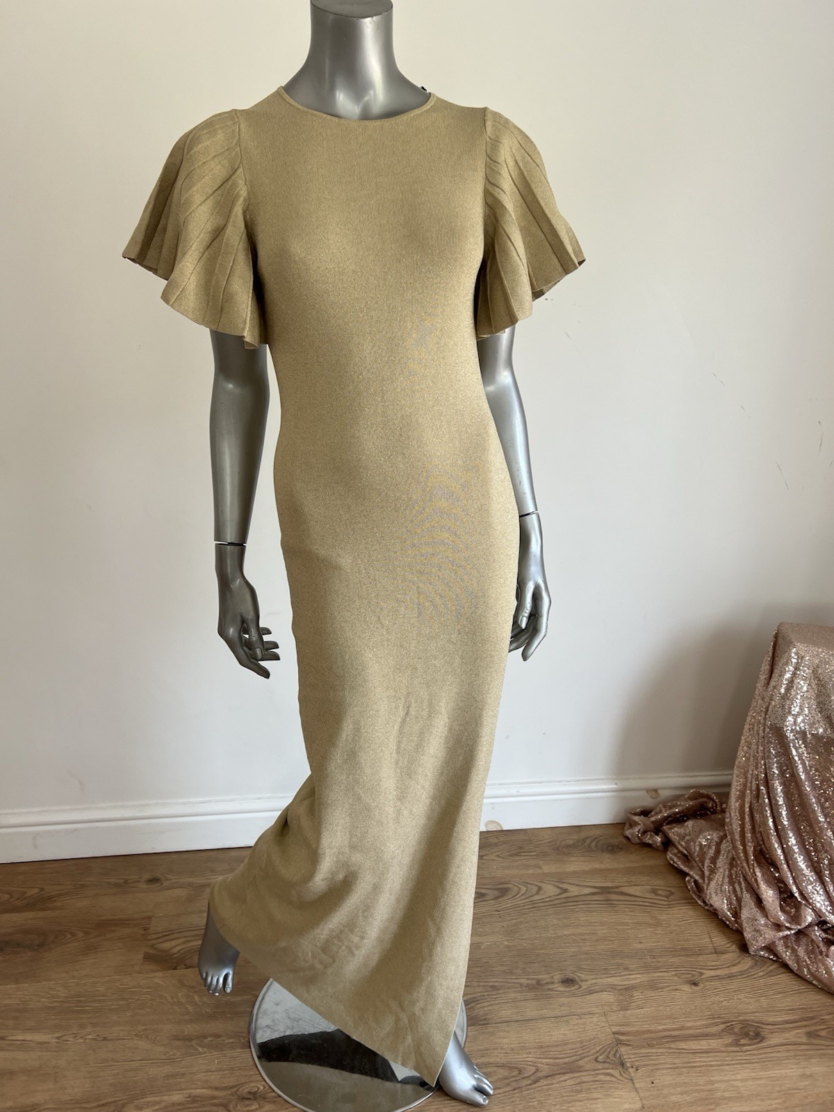 TED BAKER Maxi Dress Womens TB 2 UK 10 Knitted Metallic Gold Angel Sleeve NEW