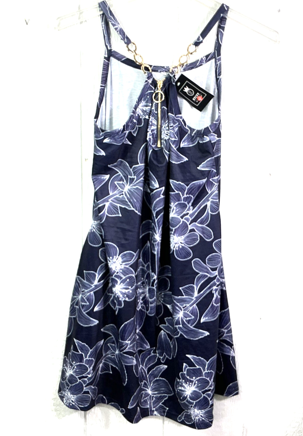 ETCYY Dress Womens XL Black White Floral Sleeveless Chain Strap Zip Back Casual