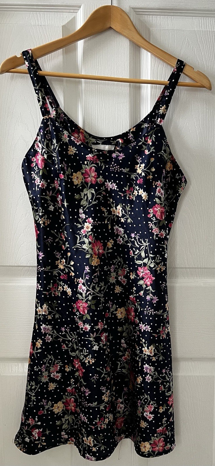 Vintage Floral Satin Summer Mini Vacation Spaghetti Strap Dress Sz M/L Feminine