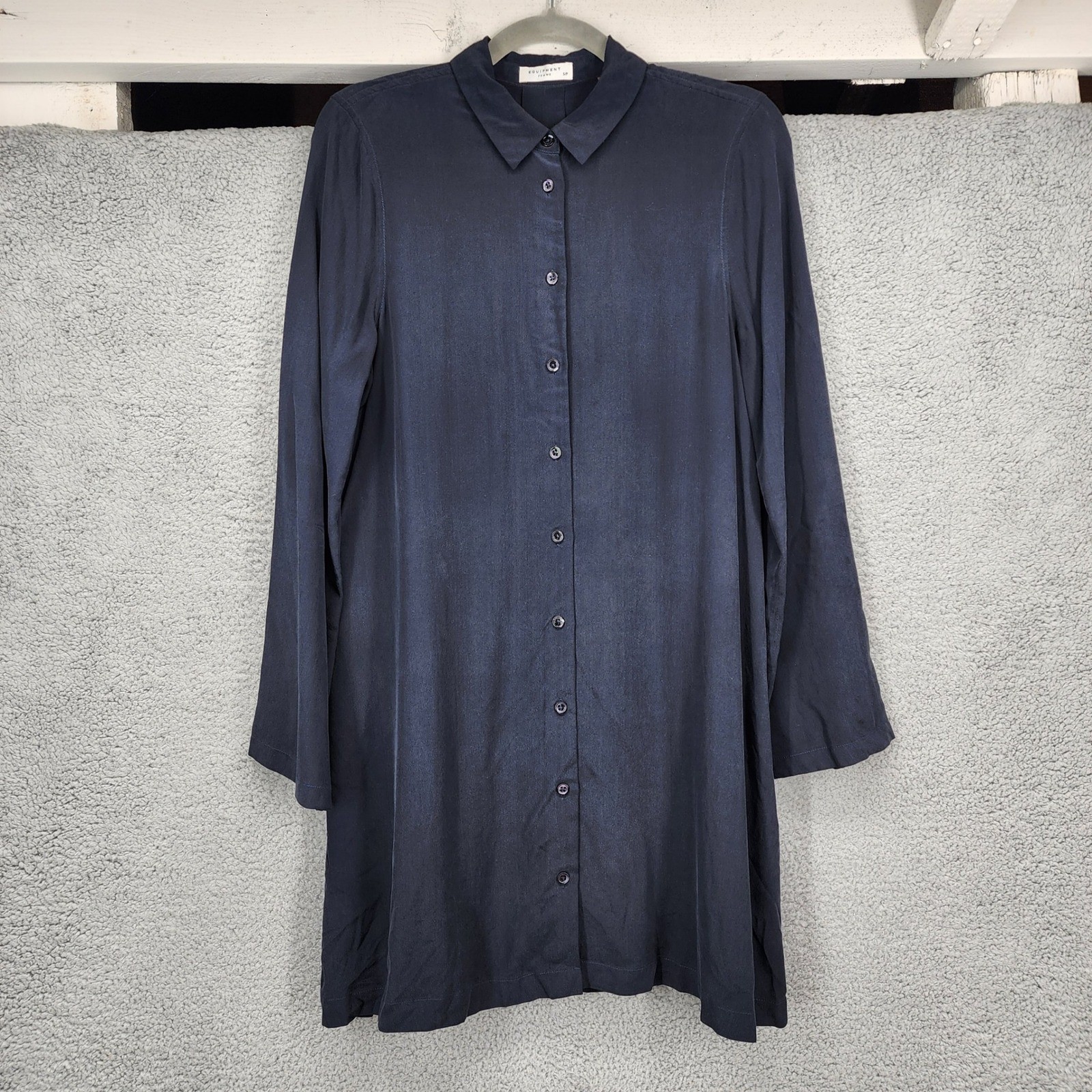 Equipment Femme Navy Blue 100% Silk Long Sleeve Button Down Tunic Dress Small