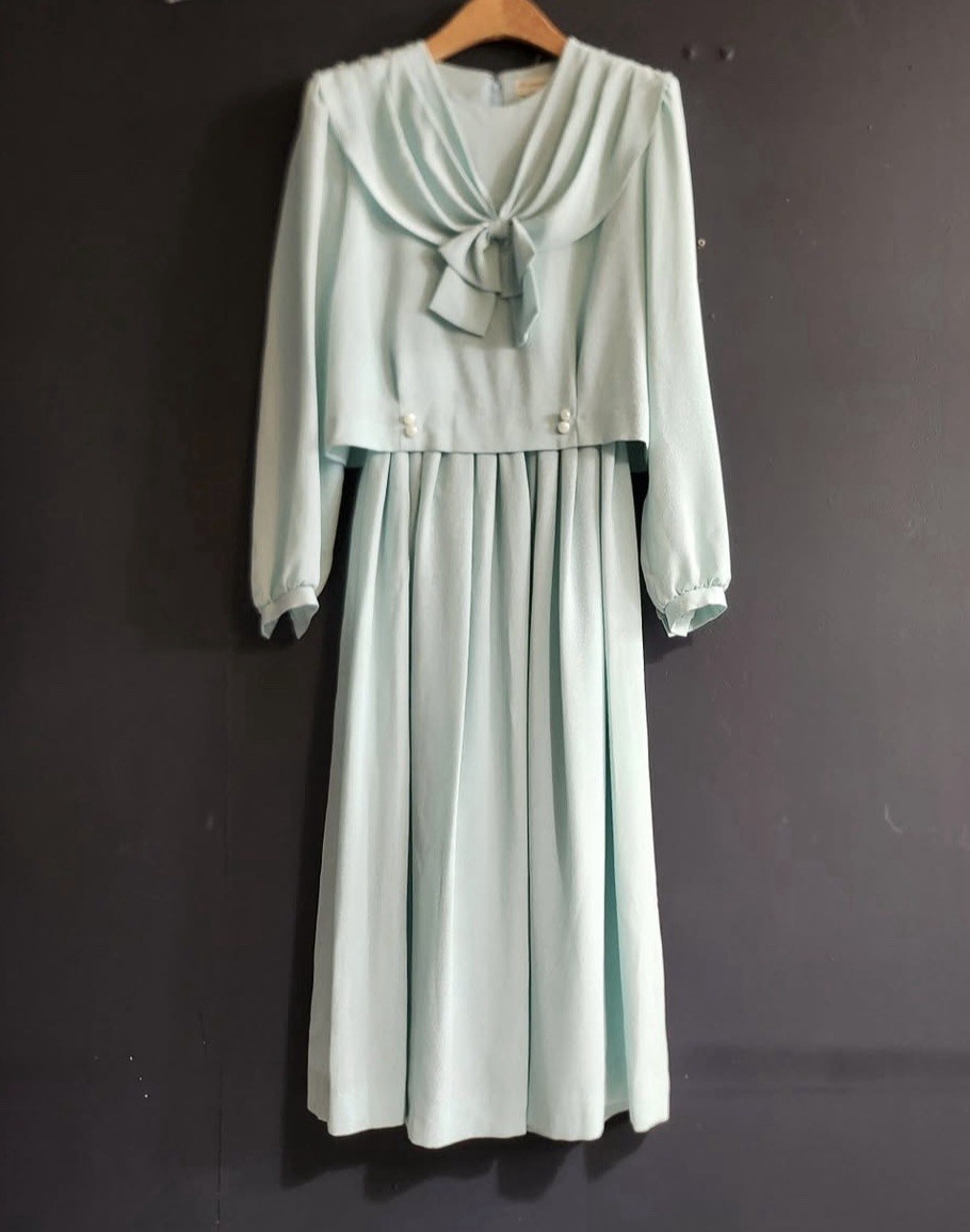Fransoise Bow Neck Midi Dress Long Sleeve Pearl Button Detail Pleated Skirt