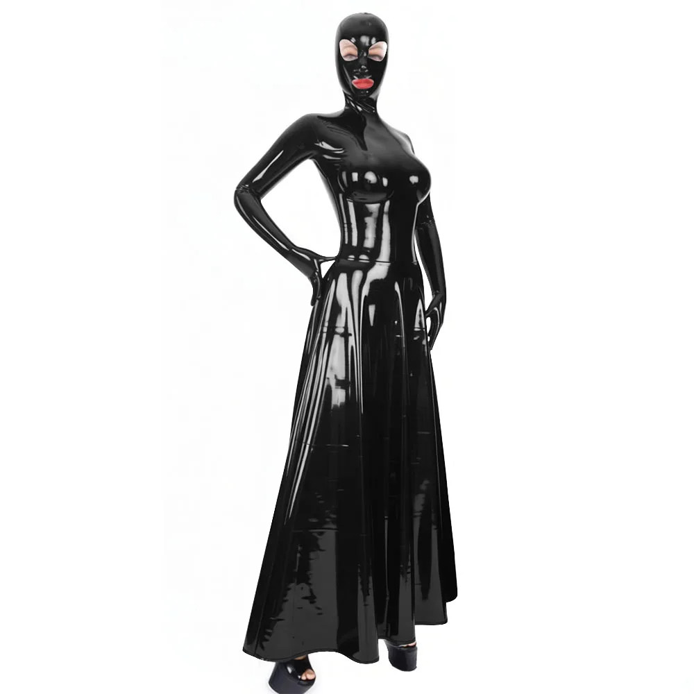 Ladies Sexy Hooded Long Dress Wetlook PVC Leather Full Sleeve A-line Maxi Dress