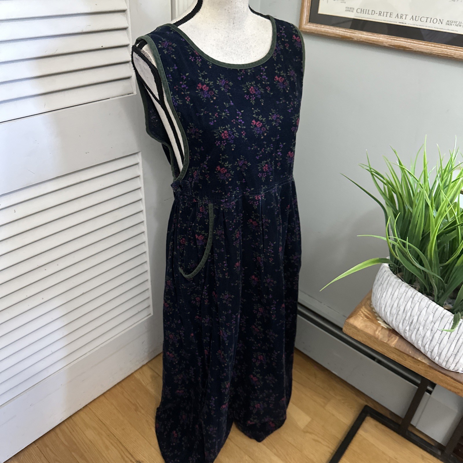 Vintage Erika & Co Overall Dress Medium Blue Corduroy Floral Midi 90s Boho Chic