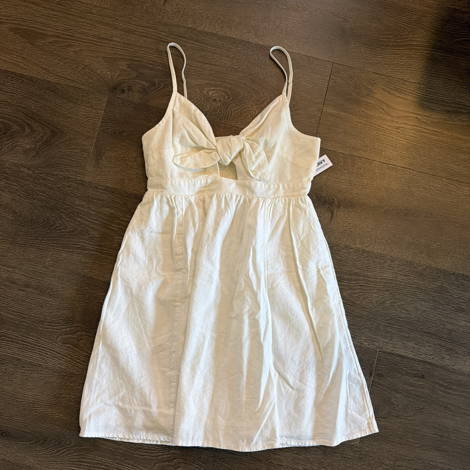 New Old Navy Fit n Flare Smocked Lined Linen Tie & Keyhole Front Mini, White S