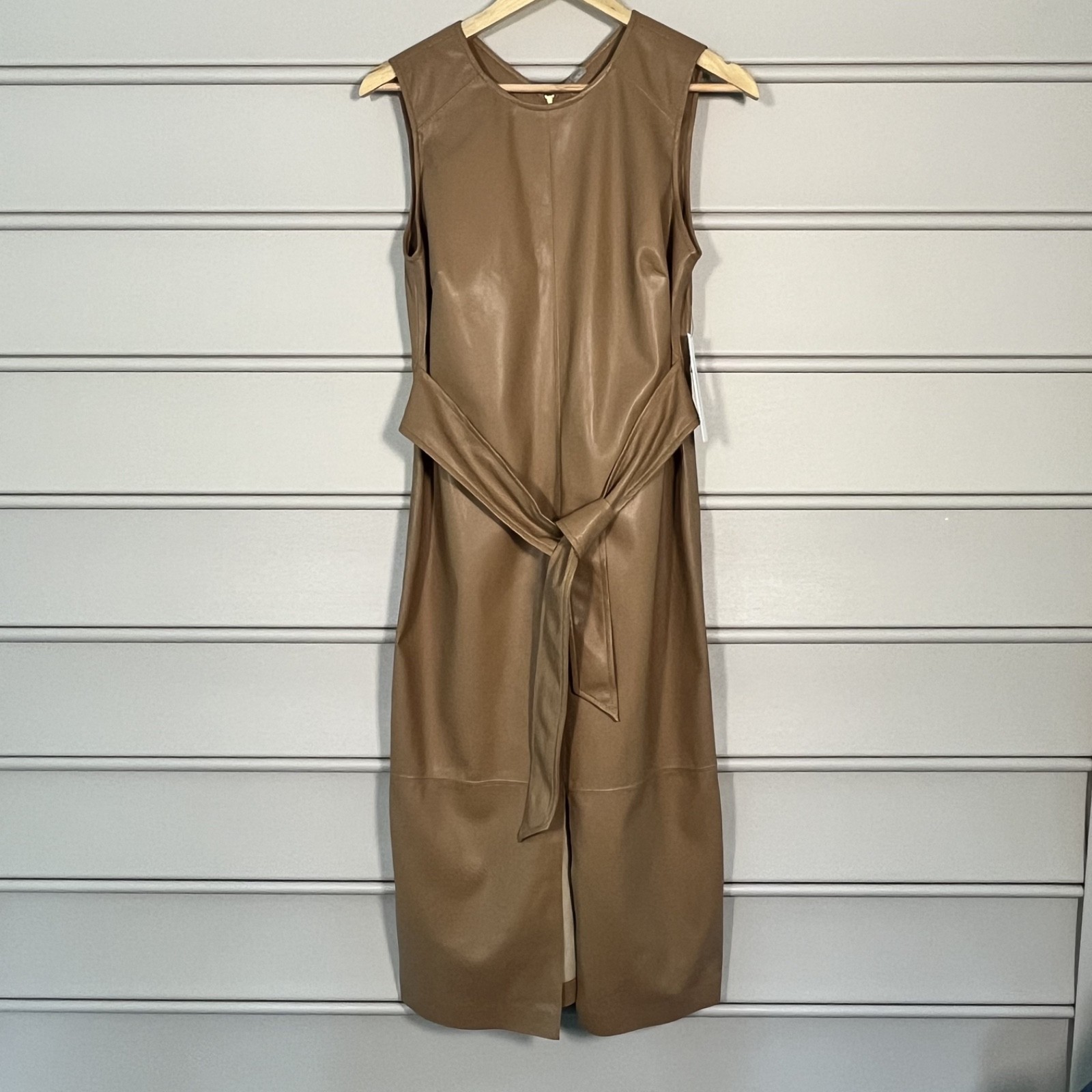 Calvin Klein tan/caramel pleather belted sheath midi length dress NWT MSRP $149