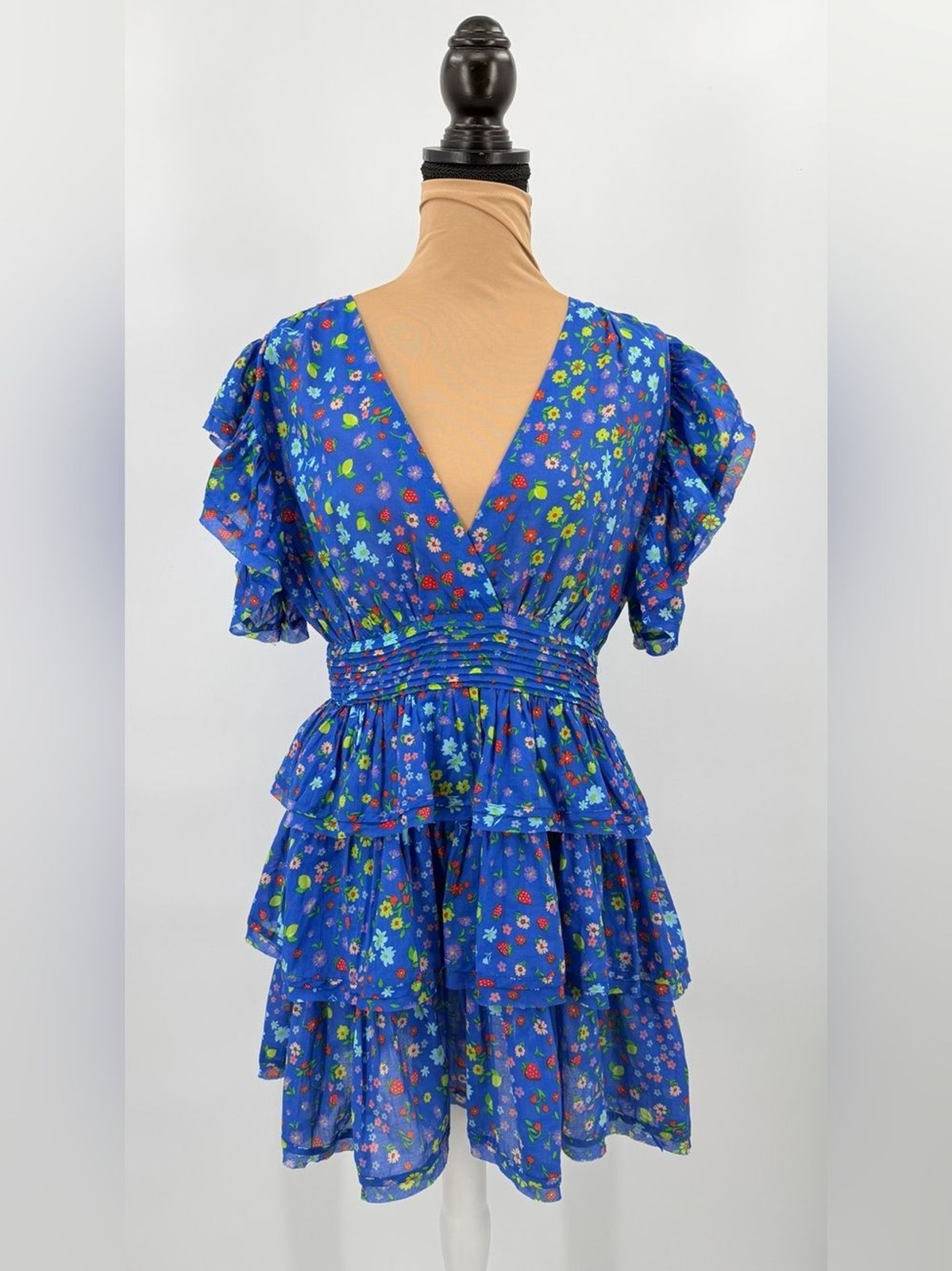 Blue Strawberry Floral Puff Sleeve Tiered Mini Dress L Cottagecore cotton euro
