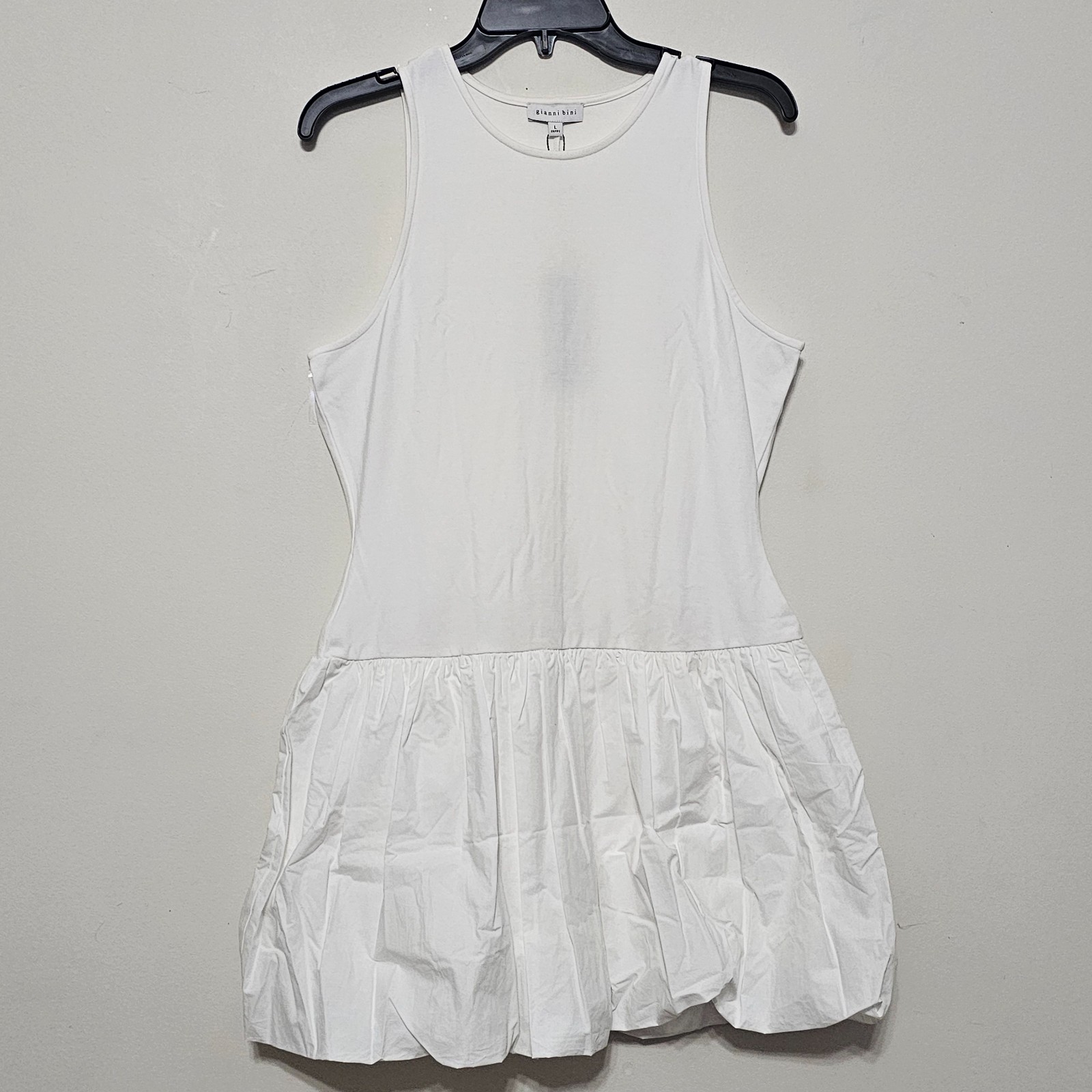 Gianni Bini Women’s Dress Large White Crew Neck Sleeveless Mini Bubble Hem 0645