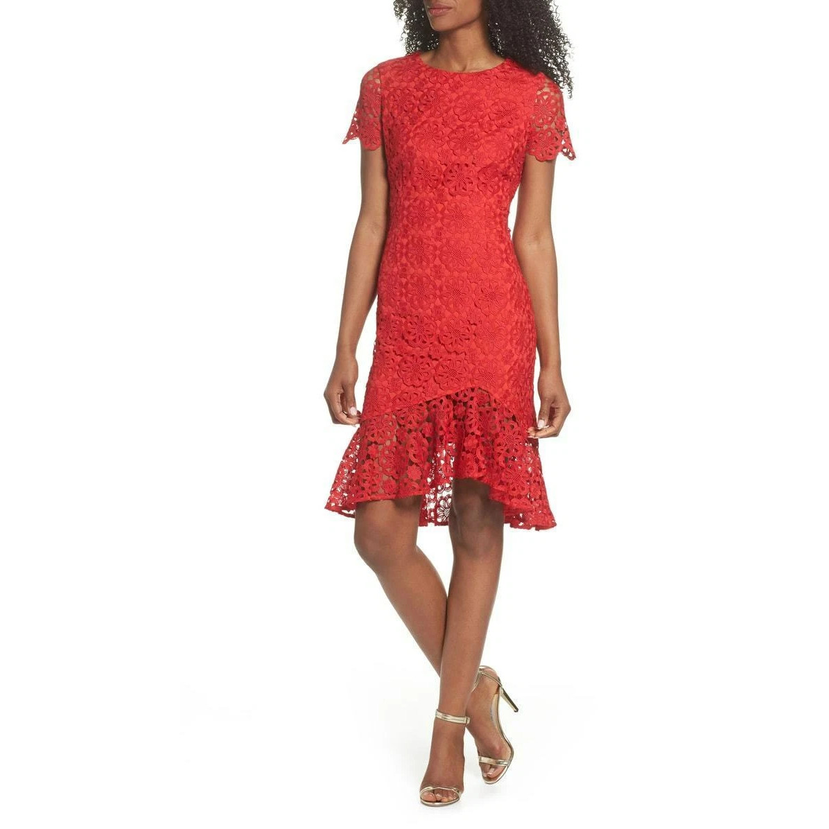 ELIZA J Asymmetric Floral Lace Short-Sleeve High-Low Ruffle Hem Sheath Dress, 2