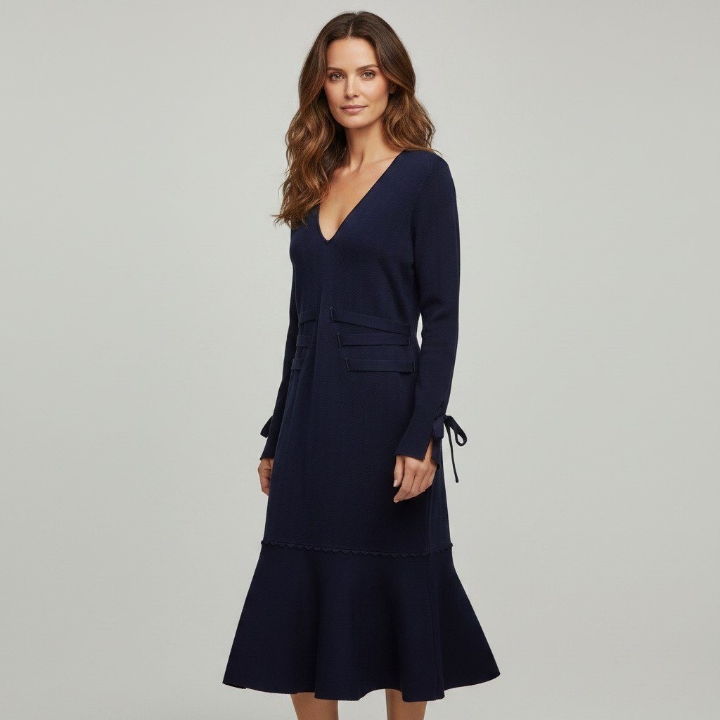 Jonathan Simkhai Navy Blue Knit V-Neck Midi Dress Tie Cuff Size 14 Quiet Luxury