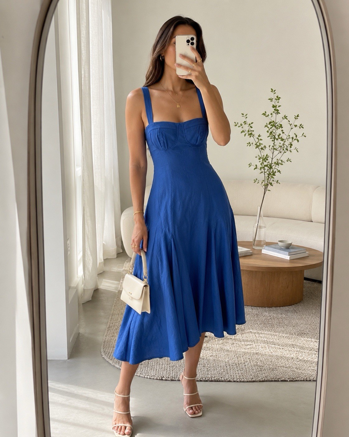 MISA Los Angeles Cherish Blue Linen Blend Bustier Midi Dress Fit Flare Size M